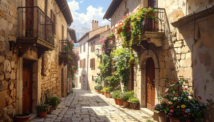 Fototapeta premium A serene cobblestone street lined with stone buildings and flowers