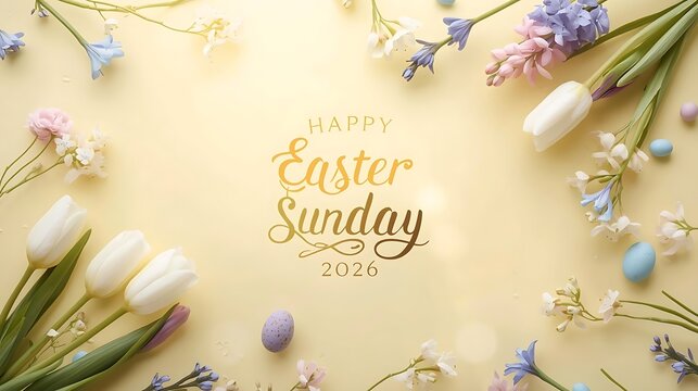 Happy easter sunday 2024 floral arrangement with tulips and eggs with gentle bokeh adds