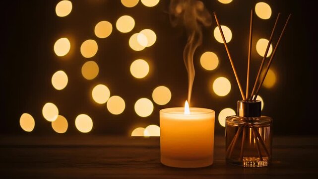A serene scene featuring a lit candle and a reed diffuser on a wooden surface against a backdrop of warm, glowing lights
