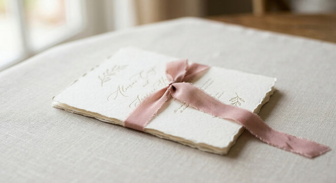 Handmade paper wedding invitations tied with dusty pink ribbon