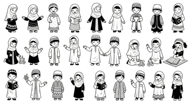 Black and white illustration of diverse Muslim children in traditional attire.