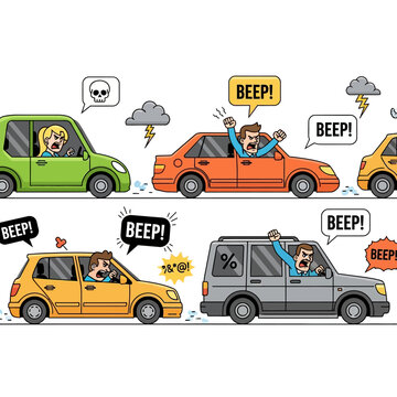 Cartoon illustration of frustrated drivers experiencing road rage in a traffic jam