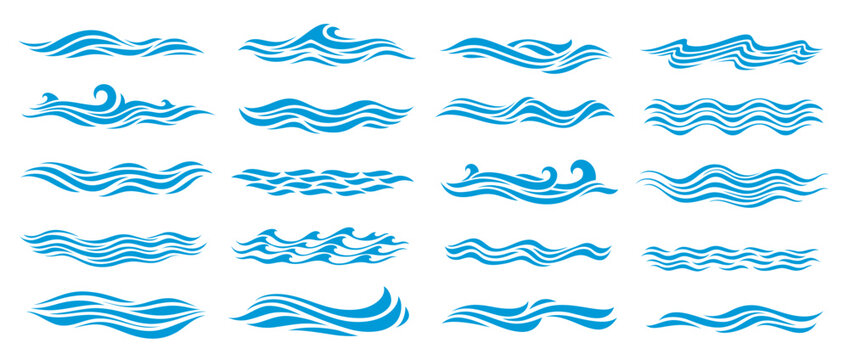 Water wave icons, ripple blue sea and ocean surf splash, rolling tides, cresting and calm waves, and layered ripples sea wave symbols. Nautical and marine signs, seaside and travel icons