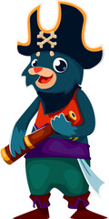 Naklejka premium Cartoon animal pirate crew character. Isolated vector corsair personage confidently holding a spyglass, wearing a captain tricorn hat, radiating mischief and nautical spirit, ready for treasures hunts