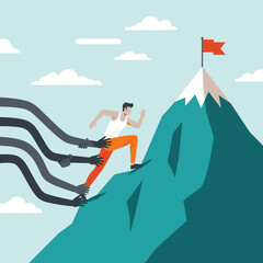 Fototapeta premium Man Striving to Reach Goal on Mountain While Being Pulled Back Illustration