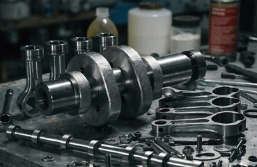 Fototapeta premium Crankshaft and connecting rods for automotive engine repair in a workshop high resolution photo