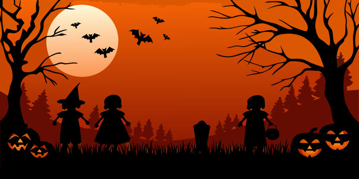 Silhouetted children trick or treating under a full moon on halloween night