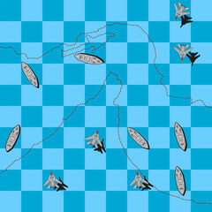 Strait of Hormuz Military Strategy Concept Vector Illustration with Warships and Fighter Jets on Chessboard Map. © capplebkk
