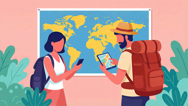 Adventurous backpackers using digital navigation technology and consulting a large physical world map for global travel planning