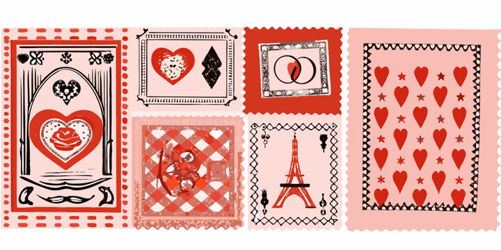 A collection of decorative postage stamp style illustrations in red and black