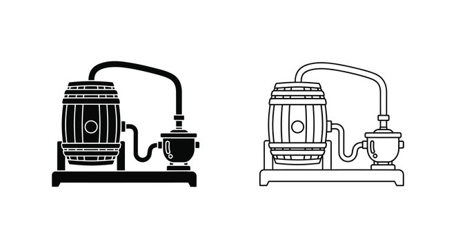 Vintage distillery equipment illustration with a barrel and alembic black silhouette