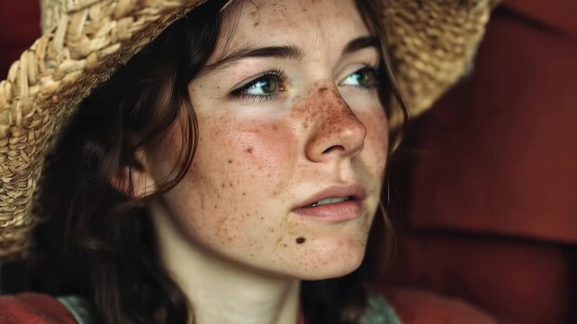 Young woman farmer with freckles and braided hair wearing a straw hat posing for a close shot in an agricultural setting
