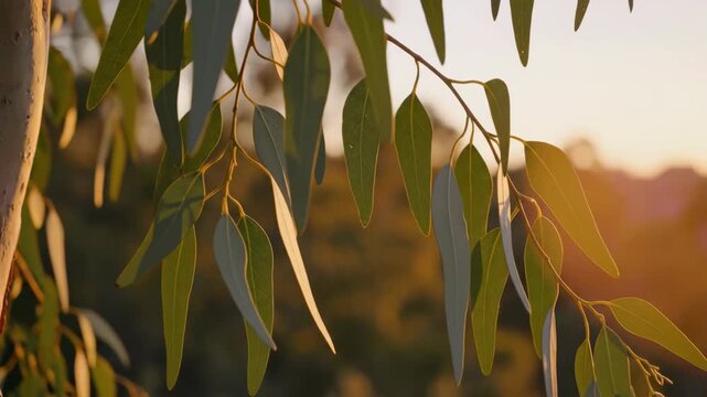 Eucalyptus tree branch with silver dollar leaves in warm sunset light smooth bark texture nature botanical foliage