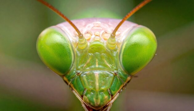 Close-up of praying mantis head, showing large compound eyes, antennae, and detailed facial features