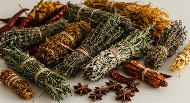 Assorted dried herbs tied in bunches, including rosemary, thyme, sage, and star anise, arranged on white surface, culinary ingredients.