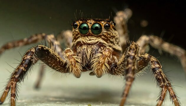 A close-up of a brown and tan jumping spider with large green eyes, facing the viewer