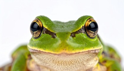 Obraz premium Close-up of a vibrant green frog with striking golden eyes against a white background