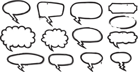 Fototapeta premium Hand drawn speech bubbles and thought bubbles set in doodle style illustration