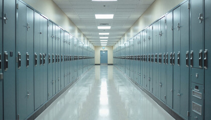 Obraz premium Empty college hallway with lockers and neutral colors