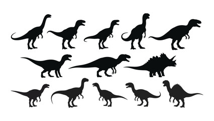 A diverse collection of prehistoric dinosaurs are displayed in stark black silhouettes against a white background silhouette high quality professional detailed © JASMIN