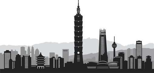 Obraz premium Asian city skyline black and white vector illustration with iconic skyscraper buildings and mountains in the background with urban buildings with modern city with famous landmark with high rise