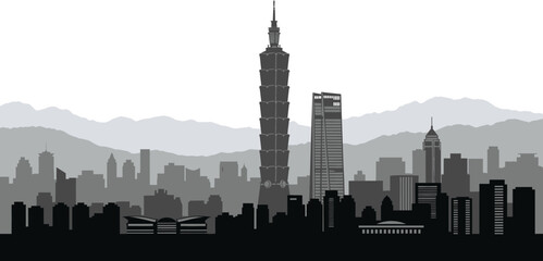 Fototapeta premium Black and white taiwan taipei city skyline vector illustration with taipei 101 skyscraper and mountains silhouette in asia with modern city with famous place with high rise with business district
