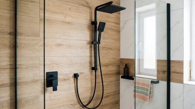 Walk in shower enclosure featuring matte black fixtures against wood grain tile walls, bathroom interior renovation, residential plumbing hardware.