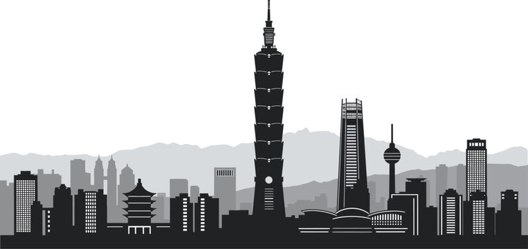 Asian city skyline black and white vector illustration with iconic skyscraper buildings and mountains in the background with urban buildings with modern city with famous landmark with high rise
