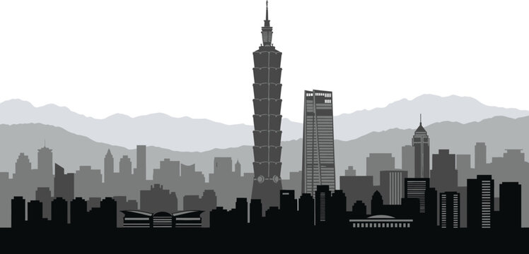 Black and white taiwan taipei city skyline vector illustration with taipei 101 skyscraper and mountains silhouette in asia with modern city with famous place with high rise with business district