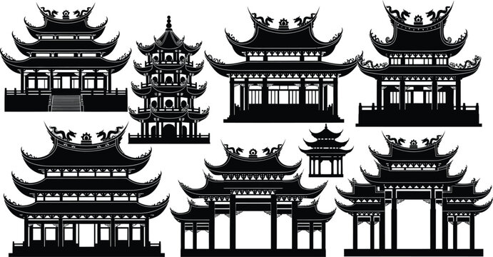 Collection of traditional east asian pagoda and temple silhouettes - intricate architectural designs for cultural projects with chinese architecture with historic building with graphic element