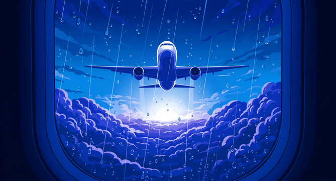 A compelling pixel art illustration depicts a commercial airplane viewed from a rain-splashed window, powerfully ascending through dramatic, dark blue clouds towards a bright, distant light, evoking
