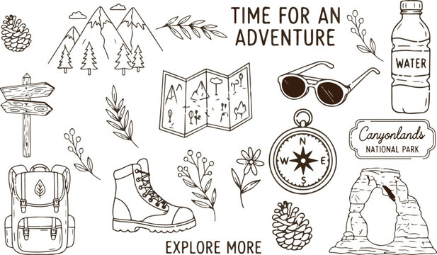 Hand-drawn minimalist line art illustration in black ink on white background, featuring a scattered collage of outdoor adventure and national park elements in a whimsical, cozy style.