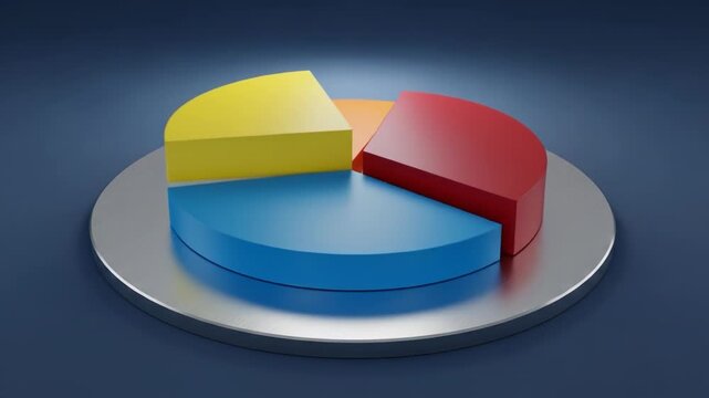 A 3D pie chart with four sections in red, blue, yellow, and orange on a silver plate