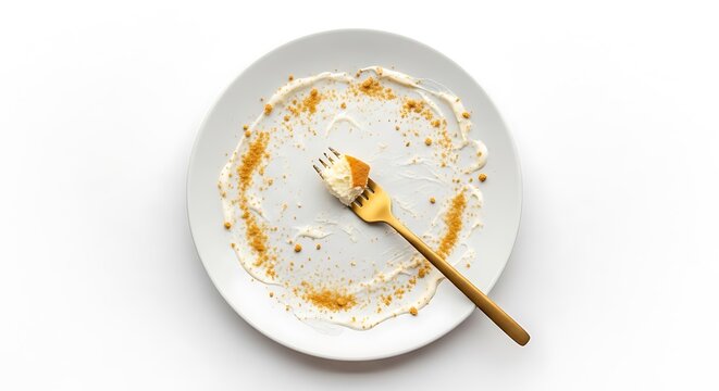 An empty white plate with a gold fork and remnants of cheesecake