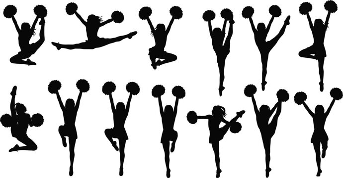 Cheerleader silhouettes in dynamic poses with pom poms, sports performance and team spirit graphics, raising arms, high kick