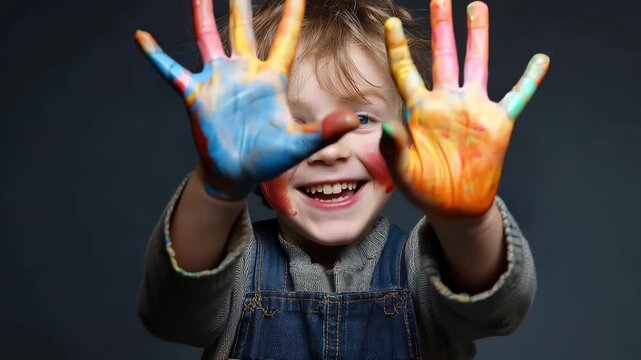Happy boy proudly displays colorful painted hands against a neutral background while enjoying a creative moment of self-expression and joy