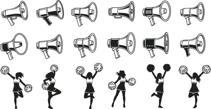 Cheerleaders and megaphones, a dynamic collection of energetic cheerleaders performing poses and vintage-style megaphones, symbolizing team spirit, support, and communication, pom pom, sport event