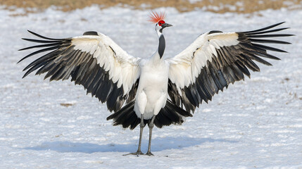 Fototapeta premium Majestic crane spreads its wings wide against a snowy backdrop, displaying its striking plumage and regal stance.
