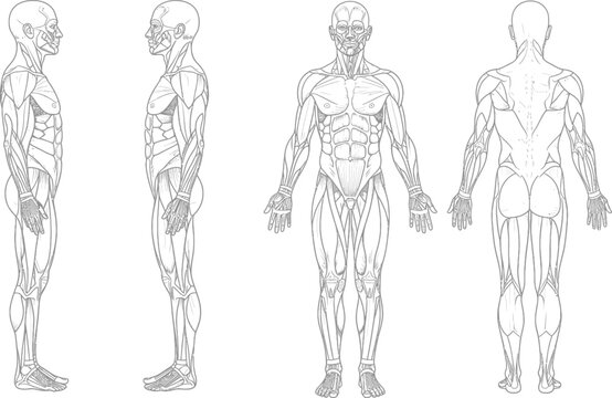 Black and white anatomical illustration of a male human figure showing muscular and skeletal details from multiple side and front perspectives with skeletal system with anatomy chart with human body