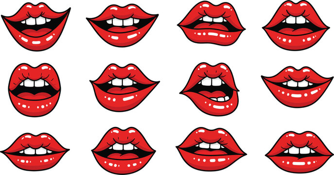 Collection of red lips with diverse expressions and shades, graphic illustration, pop art style, white background, pink background, biting lip