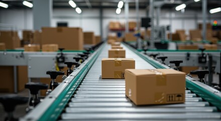 Fototapeta premium package box moves on conveyor belt in warehouse logistics and distribution center