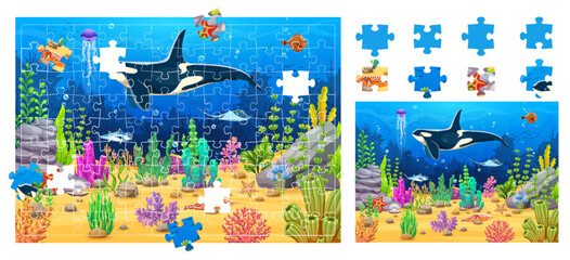 Jigsaw puzzle game pieces with killer whale and underwater landscape, vector cartoon worksheet. Kids jigsaw puzzle pieces with orca whale, funny flounder, starfish and tuna fish in coral reef seaweeds © Vector Tradition