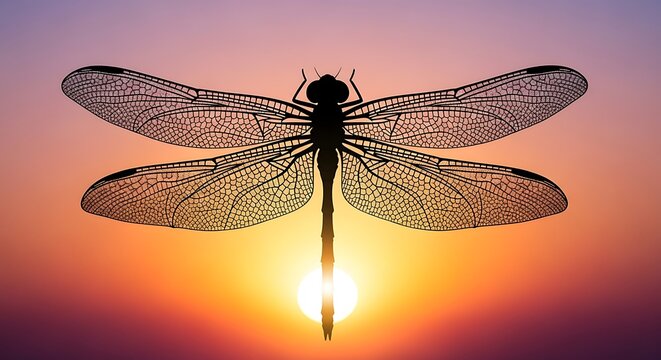 Silhouette of a dragonfly against a vibrant sunset background