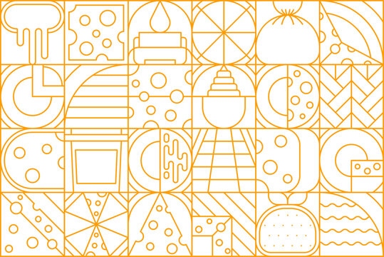 Modern dairy cheese geometric pattern featuring orange linear food icons. Cheese slices, melted cheese, milk, pizza, burger and dairy symbols arranged in grid layout. Vector pattern for food packaging