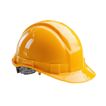 Bright Yellow Safety Helmet with Adjustable Gray Chin Strap Isolated on Black Background hardhat protective, Png Isolated On White, Transparent Background