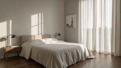 Obraz premium Bright Modern Bedroom with Natural Light and Minimalist Decor