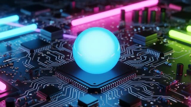 A glowing blue sphere on a circuit board with colorful neon lights