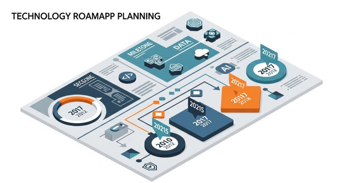 Technology Roadmap Planning - Isometric View of Interconnected Data Flow.