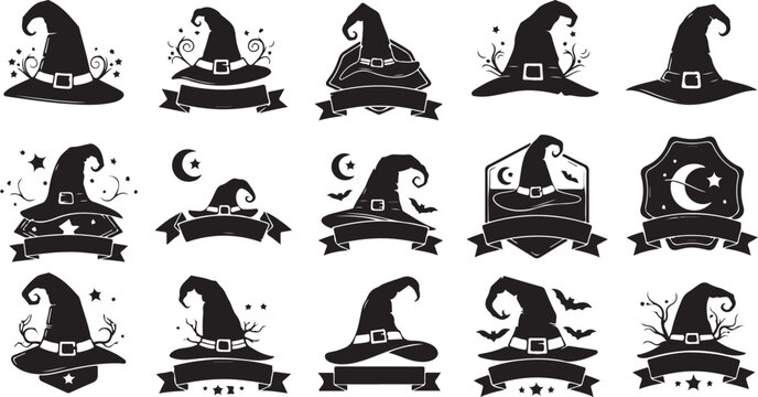 Black Silhouette Witch Hats and Magic Symbols Set