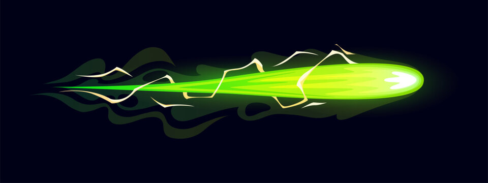 Laser blaster gun game effect of cartoon energy blast or fire beam, vector VFX icon. Raygun or laser gun plasma blaster game effect of green bullet blast of fireball shot with magic energy lightning